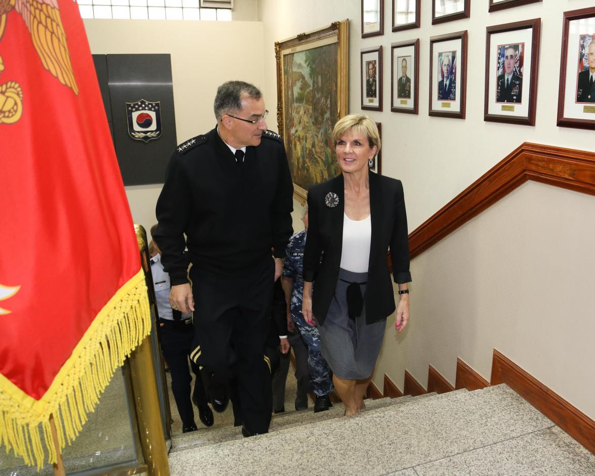 Foreign Minister Bishop walks with General Scaparrotti Commander.