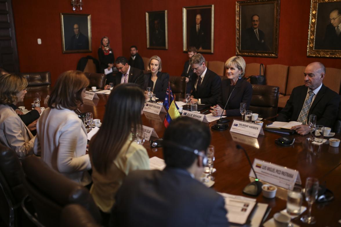 Foreign Minister Julie Bishop discussing bilateral cooperation in mining, agriculture and education with Colombian Foreign Minister, María Ángela Holguín, Education Minister, Yaneth Giha Tovar, Vice Minister for Agriculture, Luis Miguel Pico and President