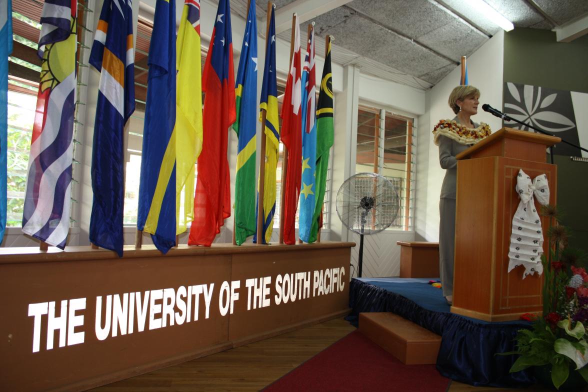 Foreign Minister Julie Bishop opening the Pacific Fusion Training Kitchen and Restaurant, Australia-Pacific Technical College partnership at University of South Pacific. 31 October 2014.