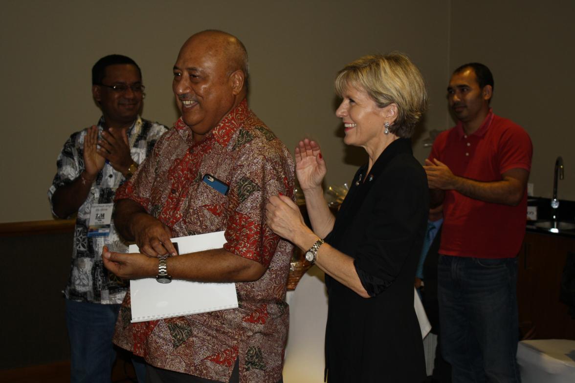 Foreign Minister Julie Bishop and her Fijian counterpart Ratu Inoke Kubuabola after their keynote addresses to the Fiji-Australia Business Council Forum, Suva. 1 November 2014. 