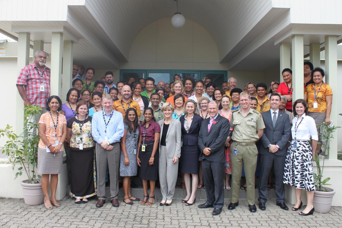 Foreign Minister Julie Bishop with Australian High Commission staff, Suva. 31 October 2014.