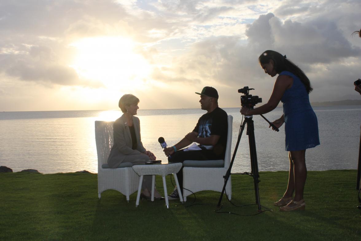 Foreign Minister Julie Bishop being interviewed by Fijian TV. 31 October 2014. 