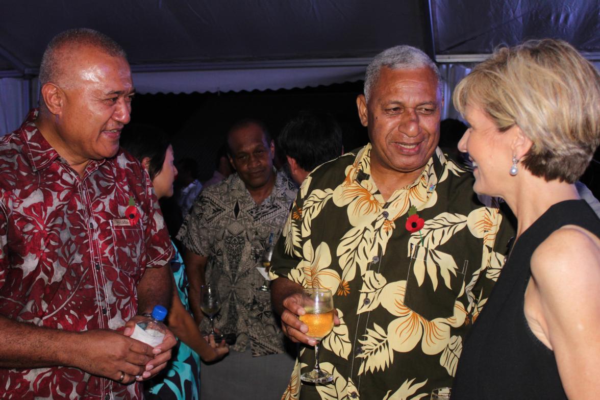 Foreign Minister Julie Bishop and FIjian Prime Minister Bainimarama at Fijian reception in her honour, Suva. 31 October 2014.