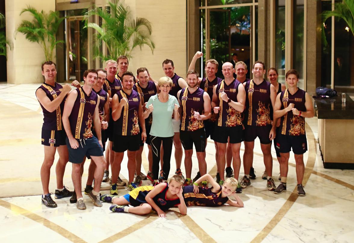 The Hon Julie Bishop MP with the Malaysian Warriors AFL team in Kuala Lumpur, 6 August 2015.