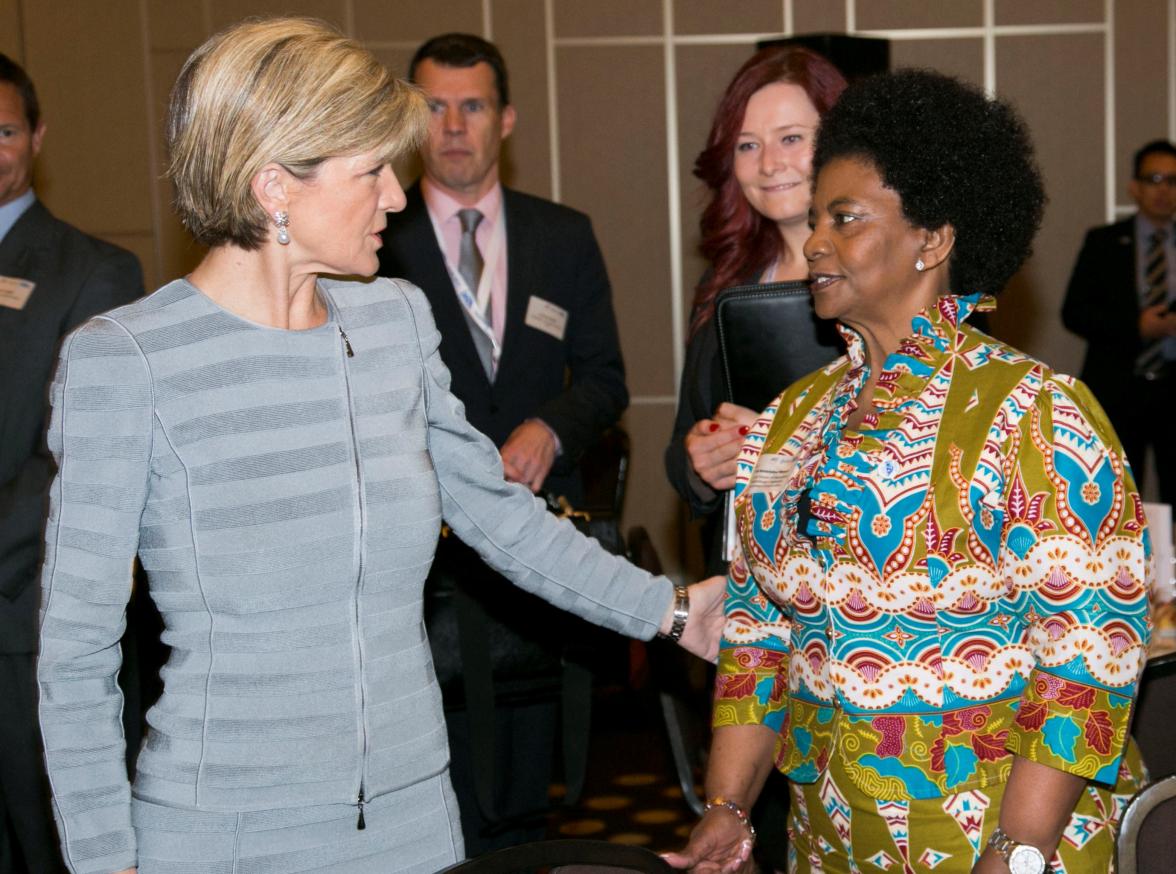 Foreign Minister Julie Bishop with South African Deputy Foreign Minister Ms Nomandiya Mfeketo at the IORA 2014 Women’s Economic Empowerment Breakfast.