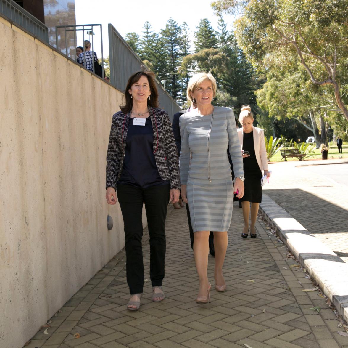 Foreign Minister Julie Bishop arrives with Professor Robyn Owens, Deputy Vice-Chancellor (Research) at the UWA Oceans Institute during IORA 2014.