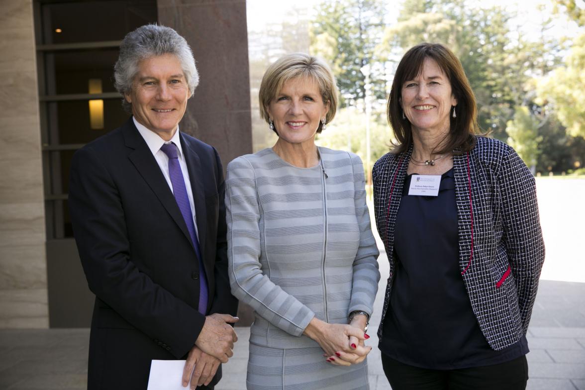 Foreign Minister Julie Bishop with Professor Robyn Owens, Deputy Vice-Chancellor (Research) and Winthrop Professor the Hon Stephen Smith, Director of the USAsian Centre,  at the UWA Oceans Institute during IORA 2014.