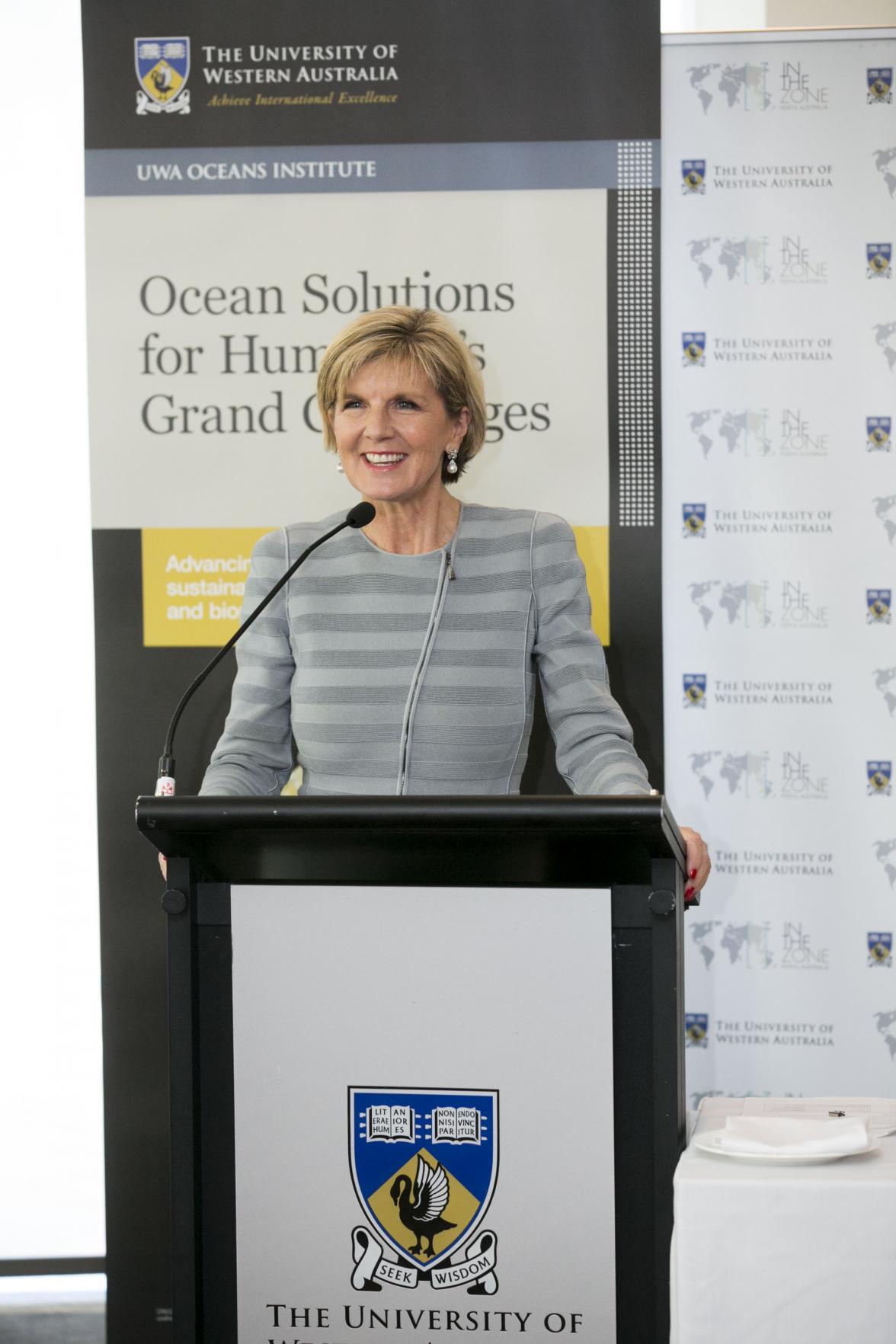 Foreign Minister Julie Bishop addresses guests at the UWA Oceans Institute during IORA 2014.