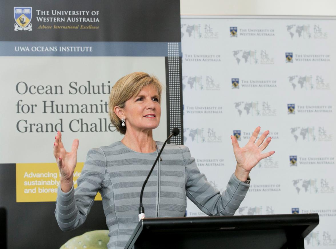 Foreign Minister Julie Bishop addresses guests at the UWA Oceans Institute during IORA 2014.