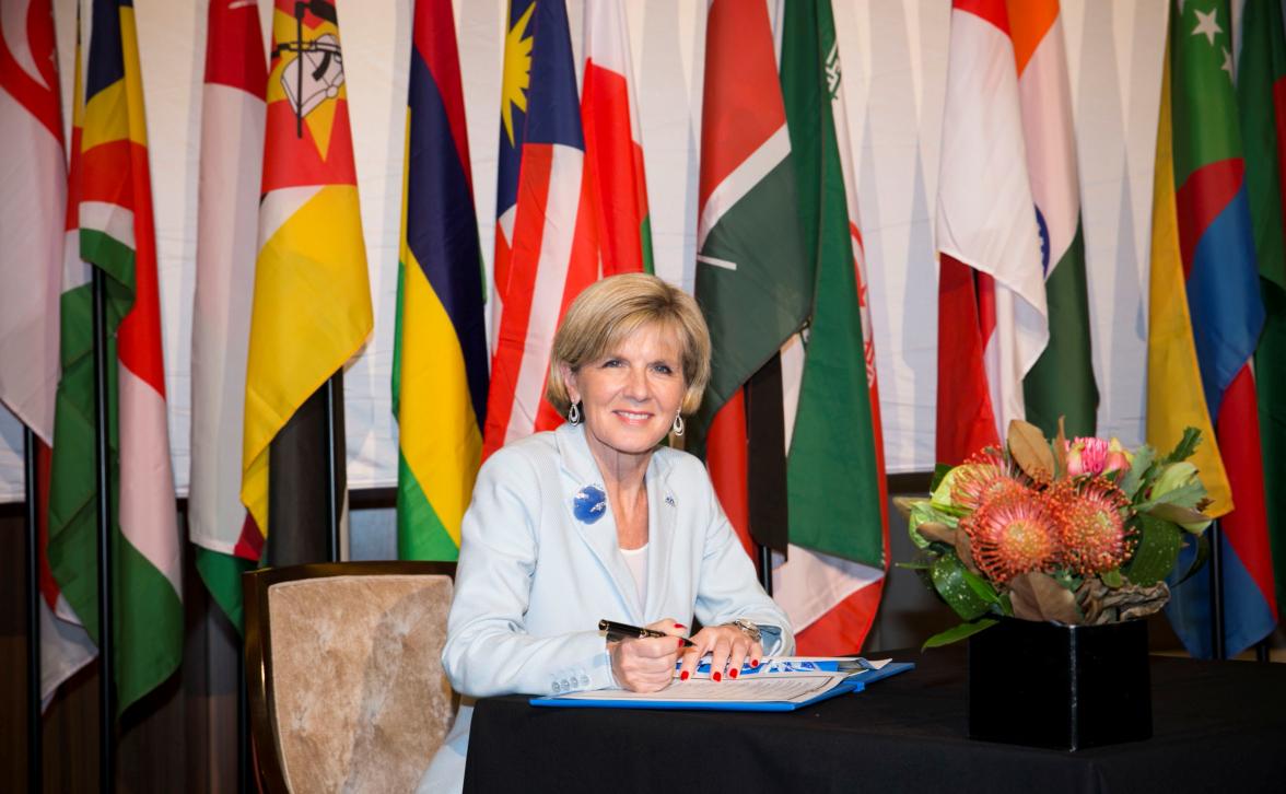 Foreign Minister Julie Bishop signs the Indian Ocean Rim Association (IORA) Charter on behalf of Australia during IORA 2014.