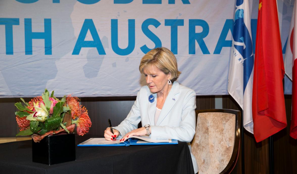 Foreign Minister Julie Bishop signs the Indian Ocean Rim Association (IORA) Memorandum of Understanding on Search and Rescue Cooperation in the Indian Ocean on behalf of Australia during IORA 2014.