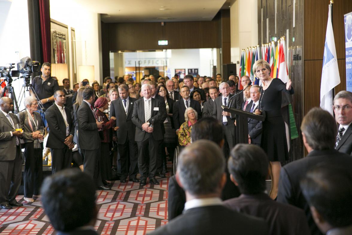 Foreign Minister Julie Bishop welcoming delegates to IORA 2014 Council of Ministers’ Meeting, with WA Premier Colin Barnett.