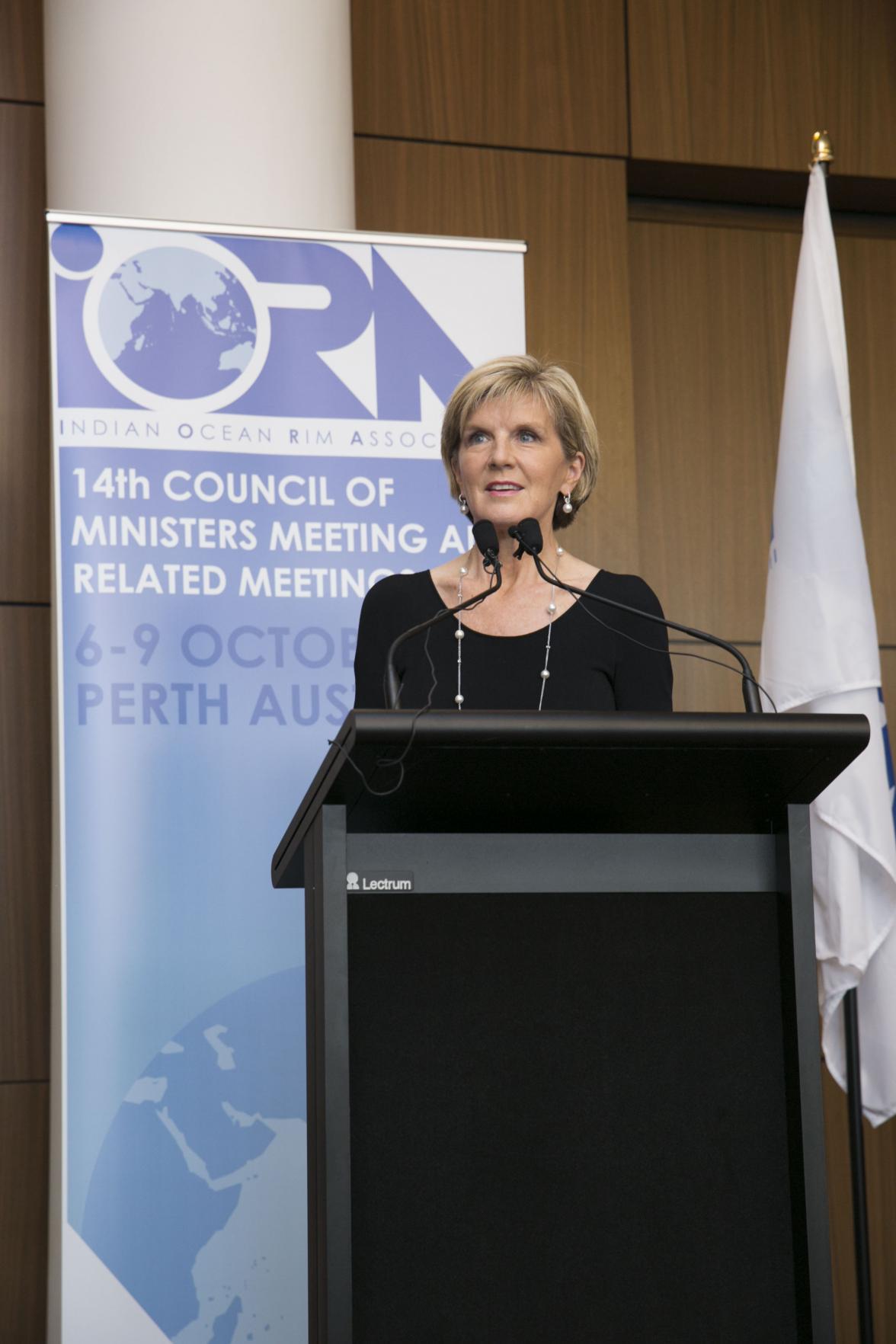 Foreign Minister Julie Bishop welcoming delegates to IORA 2014 Council of Ministers’ Meeting, with WA Premier Colin Barnett.