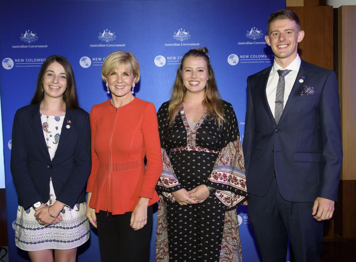 Foreign Minister Julie Bishop with (L-R) inaugural scholars Lauren Hasson (Tonga), Grace Corcoran (Federated States of Micronesia) and Aidan Myatt (New Caladonia)