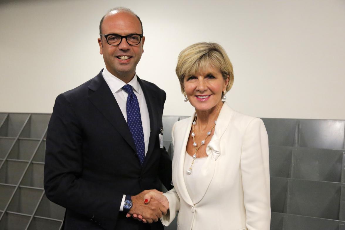 Foreign Minister Julie Bishop catches up with Italian Foreign Minister, Angelino Alfano, on the margins of the United Nations General Assembly in New York on 19 September 2017.