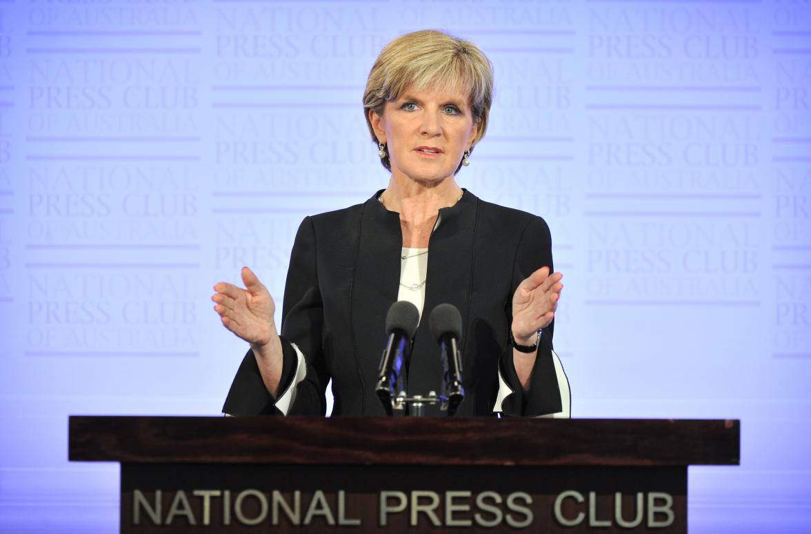 Australian Foreign Minister Julie Bishop addresses the National Press Club on Wednesday 18 June 2014. Foreign Minister Julie Bishop will launch the Australian Government's new international development policy with performance benchmarks. Photo: Mark Graha