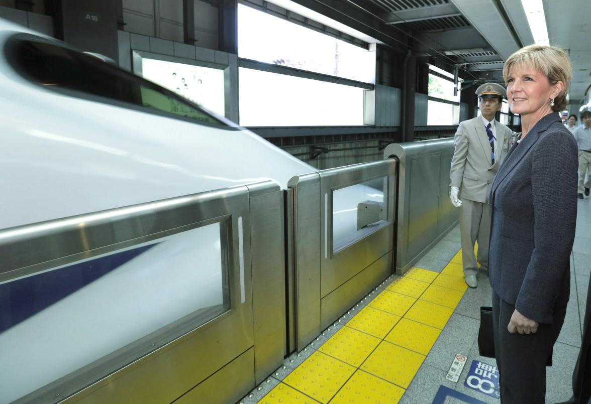 The Hon Julie Bishop MP, Minister for Foreign Affairs, awaiting to board the shinkansen (bullet train) to Osaka.