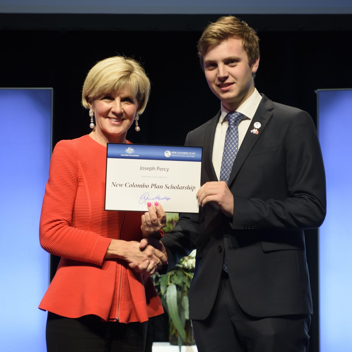 Foreign Minister Julie Bishop with Joseph Percy, 2018  China Scholar, the University of Melbourne