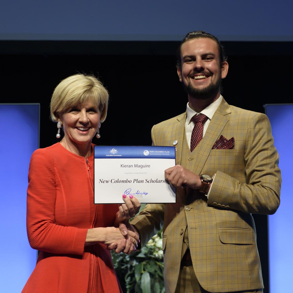 Foreign Minister Julie Bishop with Kieran Maguire, 2018  Republic of Korea Scholar, Deakin University