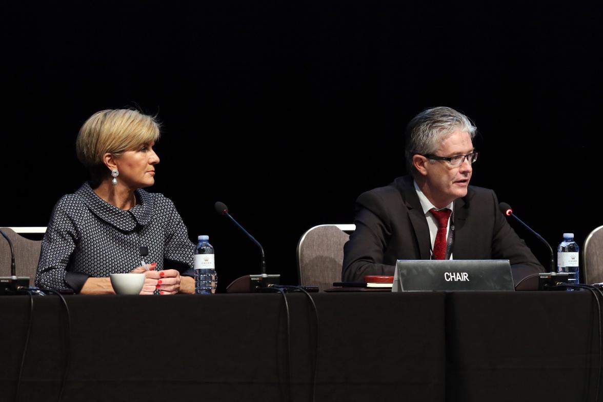 Foreign Minister Julie Bishop and Kimberley Process Chair Robert Owen-Jones at the opening session of the Kimberley Process Intersessional meeting in Perth on 1 May 2017.