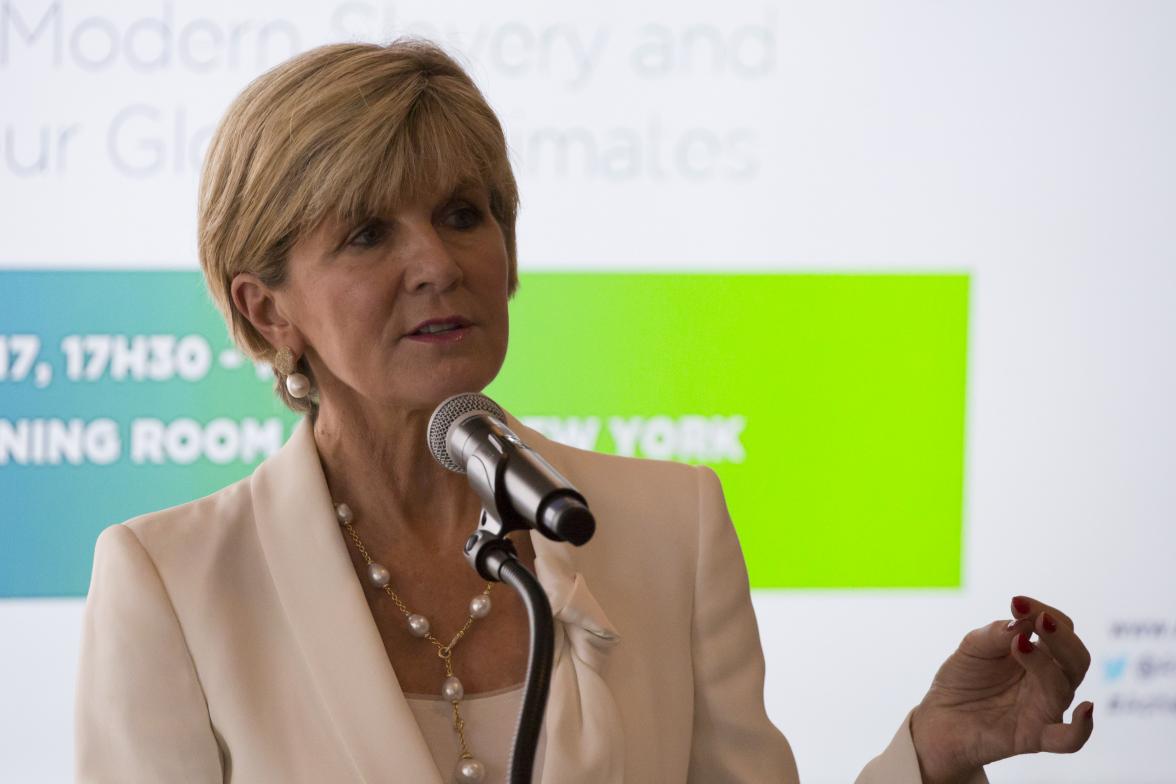 Foreign Minister Julie Bishop speaks at the Launch of the Global Estimates on Modern Slavery and Child Labour at United Nations Headquarters in New York on 19 September 2017.