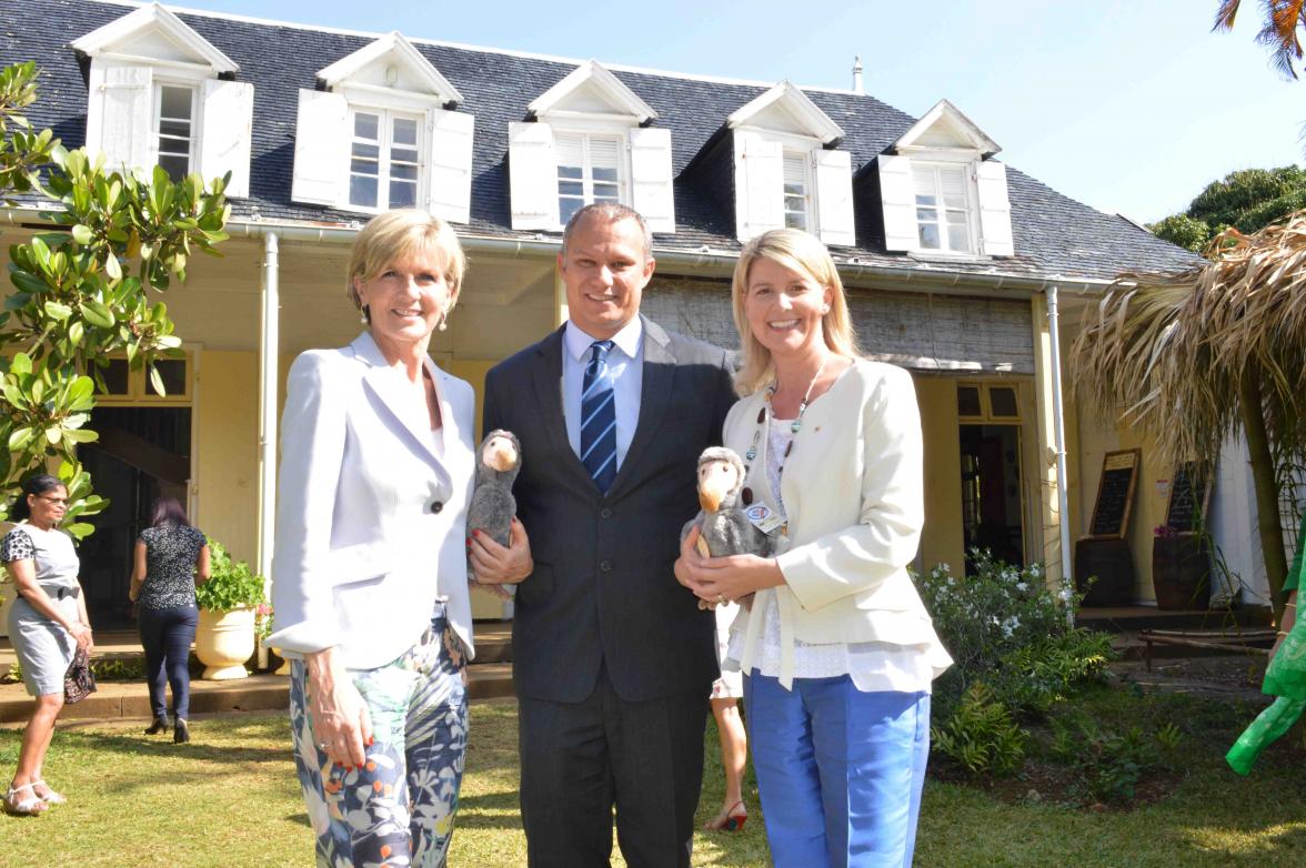 Australia's Minister for Foreign Affairs Julie Bishop with her Seychelles counterpart Jean Paul Adam and Australia's Ambassador for Women and Girls Natasha Stott Despoja. 14 September 2014.