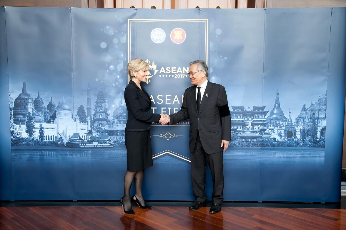 Foreign Minister Julie Bishop meets Thai Minister of Foreign Affairs, His Excellency Mr Don Pramudwinai. Thailand, Bangkok, 3 August 2017.