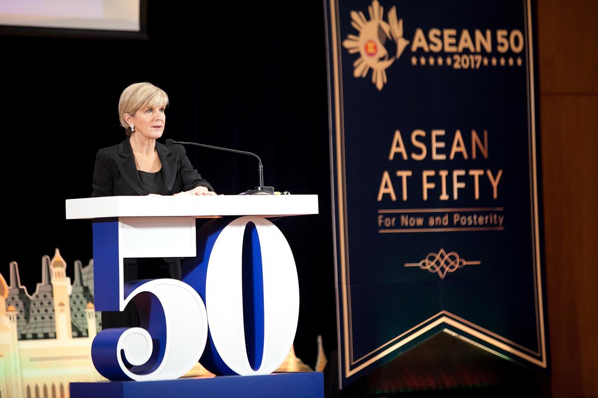 Foreign Minister Julie Bishop delivers a speech to mark the 50th anniversary of the Association of Southeast Asian Nations (ASEAN) in Bangkok on 3 August 2017.