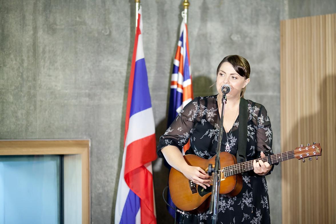 Indigenous Australian Singer, Sue Ray, sings at the new Australian Embassy Bangkok. Thailand, Bangkok, 3 August 2017.