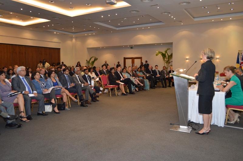 Foreign Minister Julie Bishop addressing attendees of High Level Panel on Ocean Economy in Mauritius. 15 September 2014. 