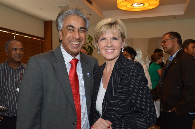 Foreign Minister Julie Bishop and her Mauritian counterpart Dr Arvin Boolell at High Level Panel on the Ocean Economy. 15 September 2014. 