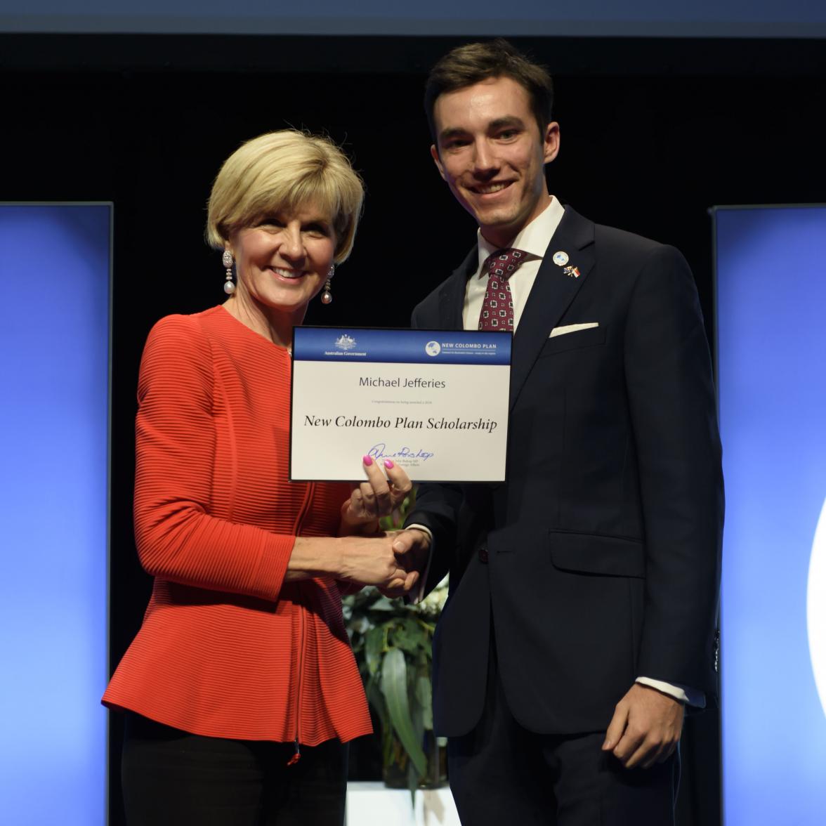 Foreign Minister Julie Bishop with Michael Jeffries, 2018  Singapore Scholar, University of the Sunshine Coast