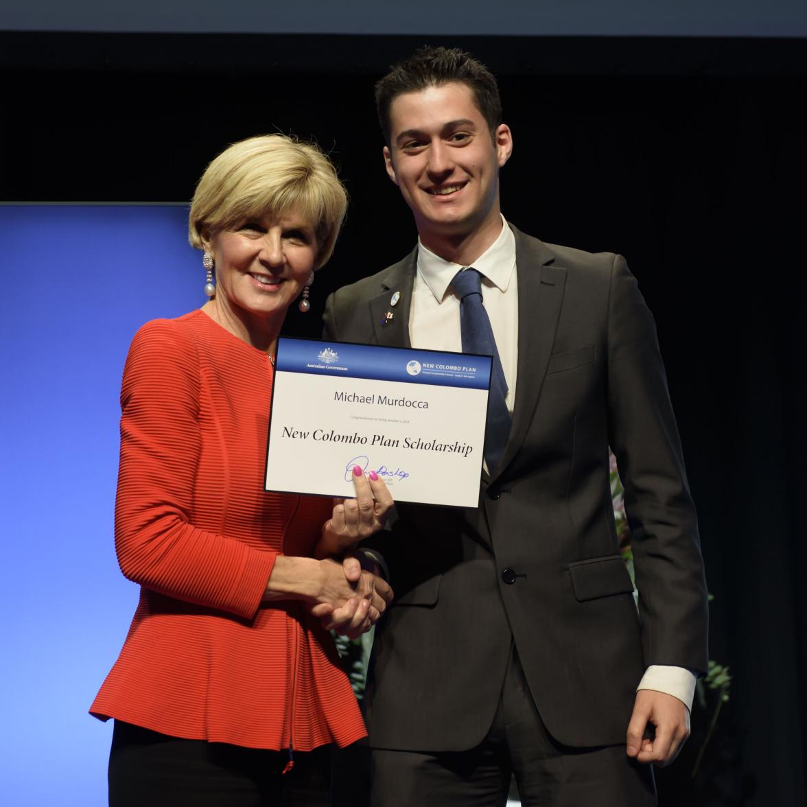 Foreign Minister Julie Bishop with Michael Murdocca, 2018 Japan Fellow, UNSW Australia