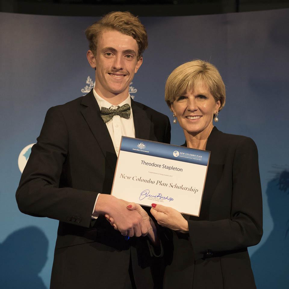 Minister Bishop presenting Theodore Stapleton from UWA to study in China