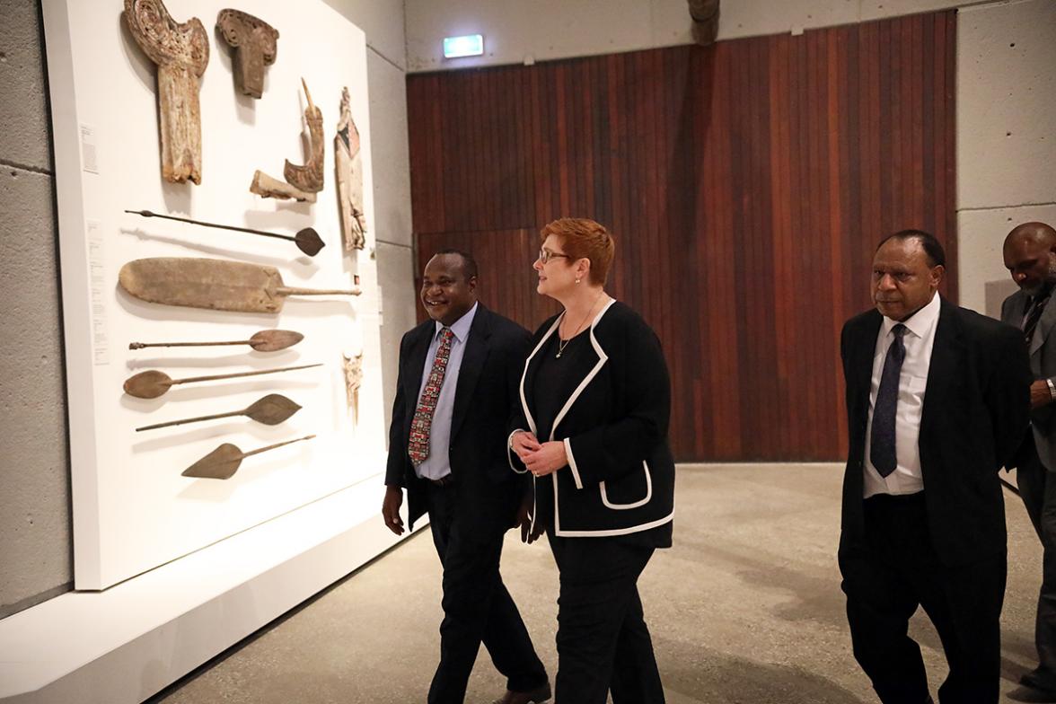 Foreign Minister Marise Payne touring the National Museum & Art Gallery with Director Dr Andrew Moutu and Foreign Affairs Minister Rimbink Pato