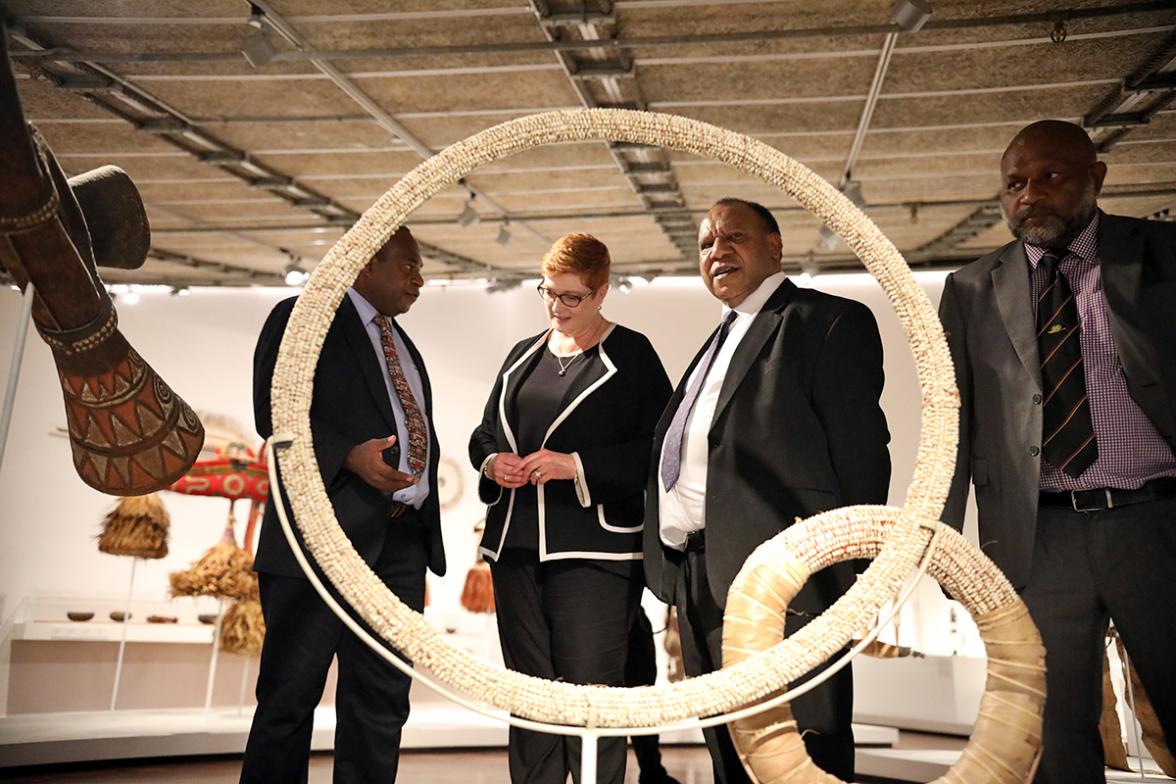 Foreign Minister Marise Payne touring the National Museum & Art Gallery with Director Dr Andrew Moutu, Foreign Affairs Minister Rimbink Pato, and Tourism, Arts and Culture Minister Emil Tammur