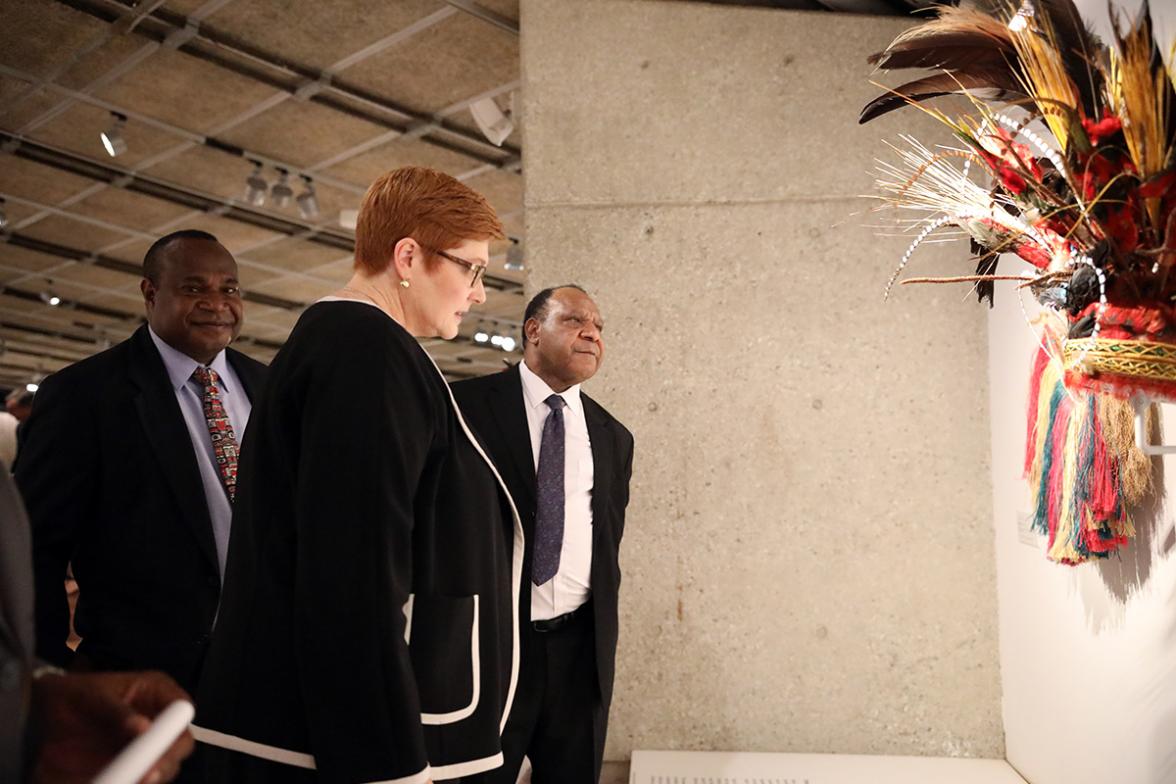 Foreign Minister Marise Payne touring the National Museum & Art Gallery with Director Dr Andrew Moutu and Foreign Affairs Minister Rimbink Pato