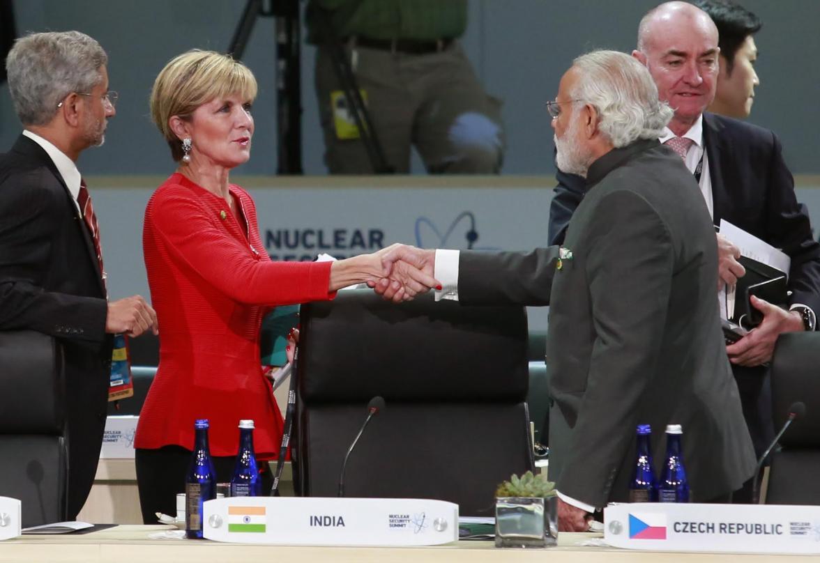 Foreign Minister Julie Bishop catches up with Indian Prime Minister Narendra Modi at the Nuclear Security Summit in Washington DC on 1 April 2016.