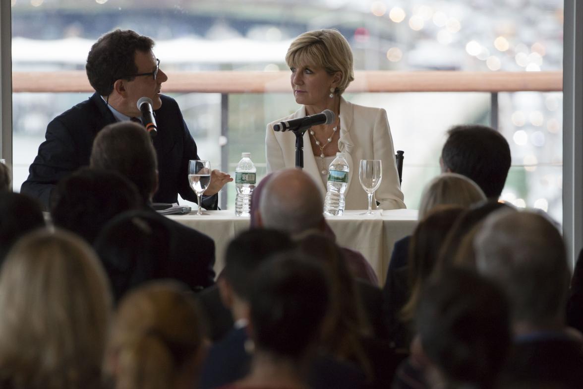 Foreign Minister Julie Bishop in conversation with New York Times columnist Nicholas Kristof at the Launch of the Global Estimates on Modern Slavery and Child Labour at United Nations Headquarters in New York on 19 September 2017.