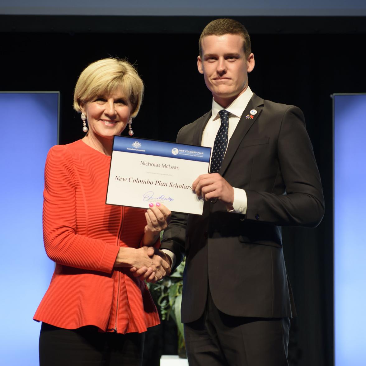 Foreign Minister Julie Bishop with Nicholas Mclean, 2018  China Scholar, Griffith University