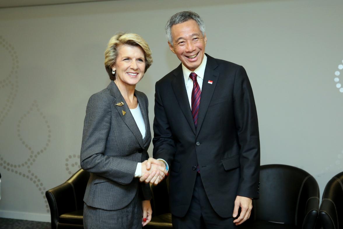 Australian Foreign Minister Julie Bishop meets Singapore's Prime Minister Lee Hsien Loong on the sidelines of the Nuclear Security Summit (24 March 2014)