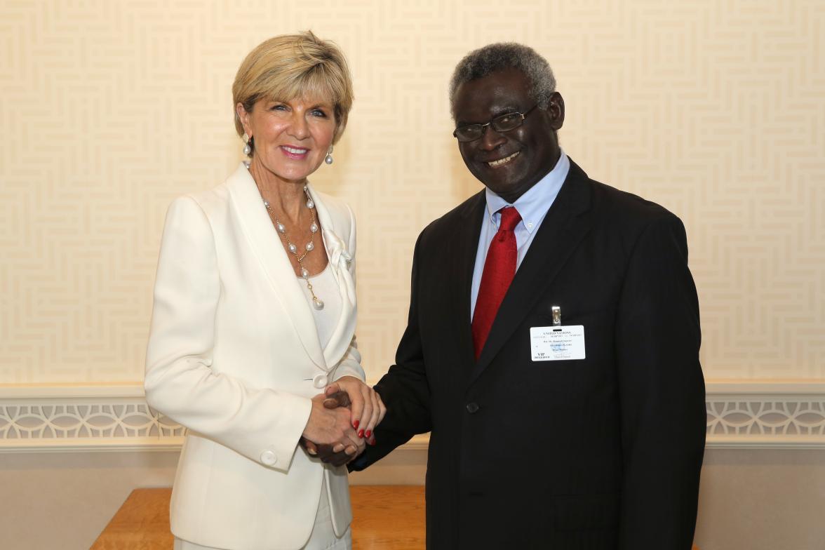 Foreign Minister Julie Bishop meets with the Prime Minister of Solomon Islands, the Hon Manasseh Sogavare MP, at the United Nations in New York on 19 September 2017.