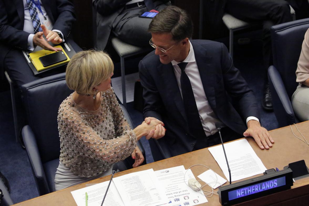 Foreign Minister Julie Bishop greets Prime Minister of the Netherlands, Mark Rutte, at a high-level event on Preventing Terrorist Use of the Internet at United Nations Headquarters in New York on 20 September 2017.