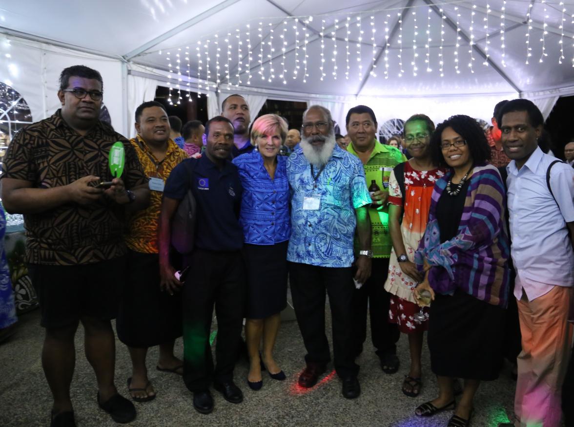 Minister Julie Bishop and representatives from Civil Society Organisations in the Pacific at the PIF Forum Foreign Ministers’ Meeting reception in Suva, 11 August 2017.