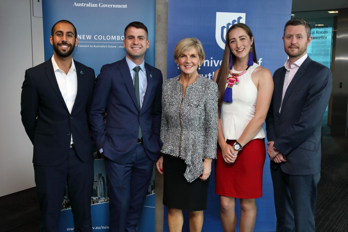 Foreign Minister Julie Bishop at the South Australian New Colombo Plan Alumni launch with Fawaaz Karim, Alumni Ambassador, Flinders University; Charlie Hamra, Alumni Ambassador, University of Adelaide; Foreign Minister; Michelle Howie, Alumni Ambassador