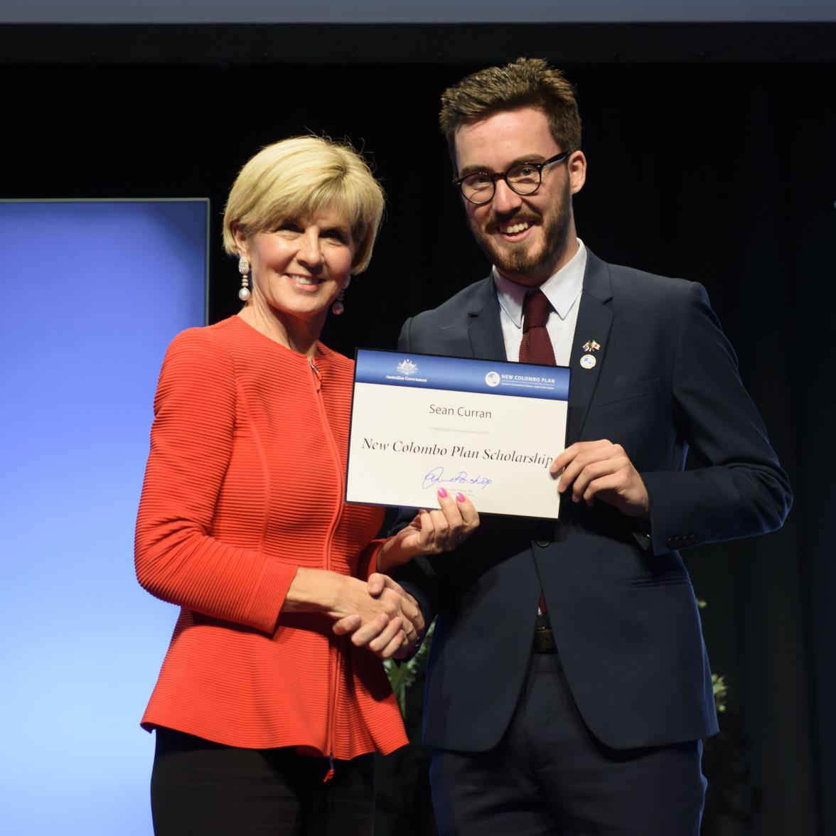 Foreign Minister Julie Bishop with Sean Curran, 2018 Japan Scholar, Curtin University