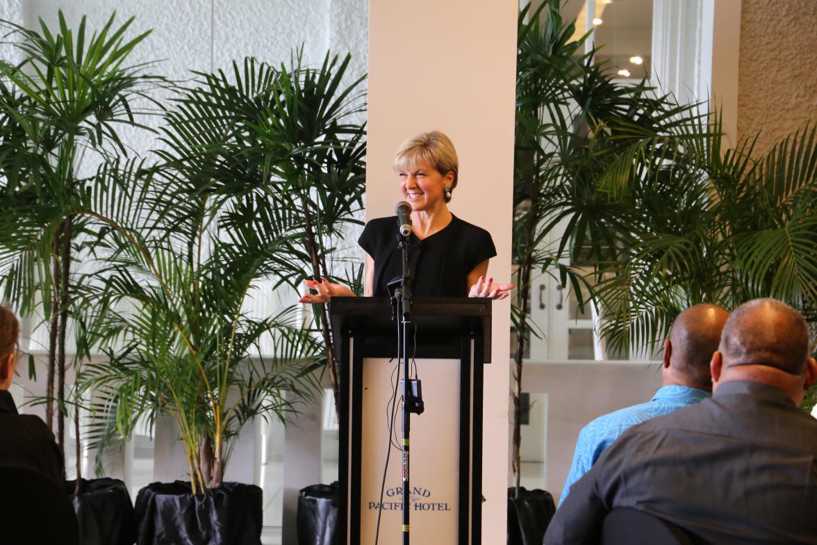 Australia’s Foreign Affairs Minister, Julie Bishop shares a laugh with Pacific Island leaders as she delivers a speech outlining the Government’s approach to stepping-up its engagement in the Pacific on 12 August 2017 in Suva, Fiji.