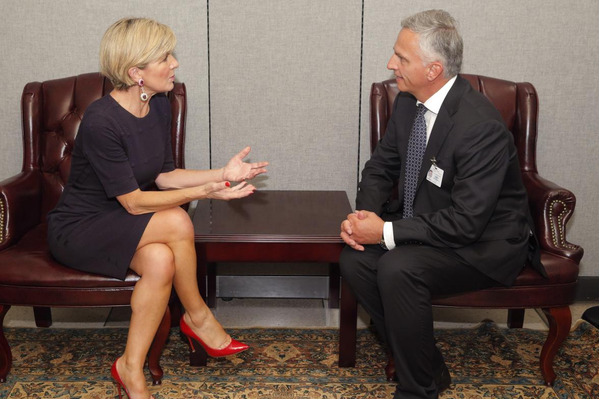 Foreign Minister Julie Bishop meets with Switzerland’s Federal Councillor, Mr Didier Burkhalter (Minister for Foreign Affairs) at United Nations Headquarters in New York on 18 September, 2017. 