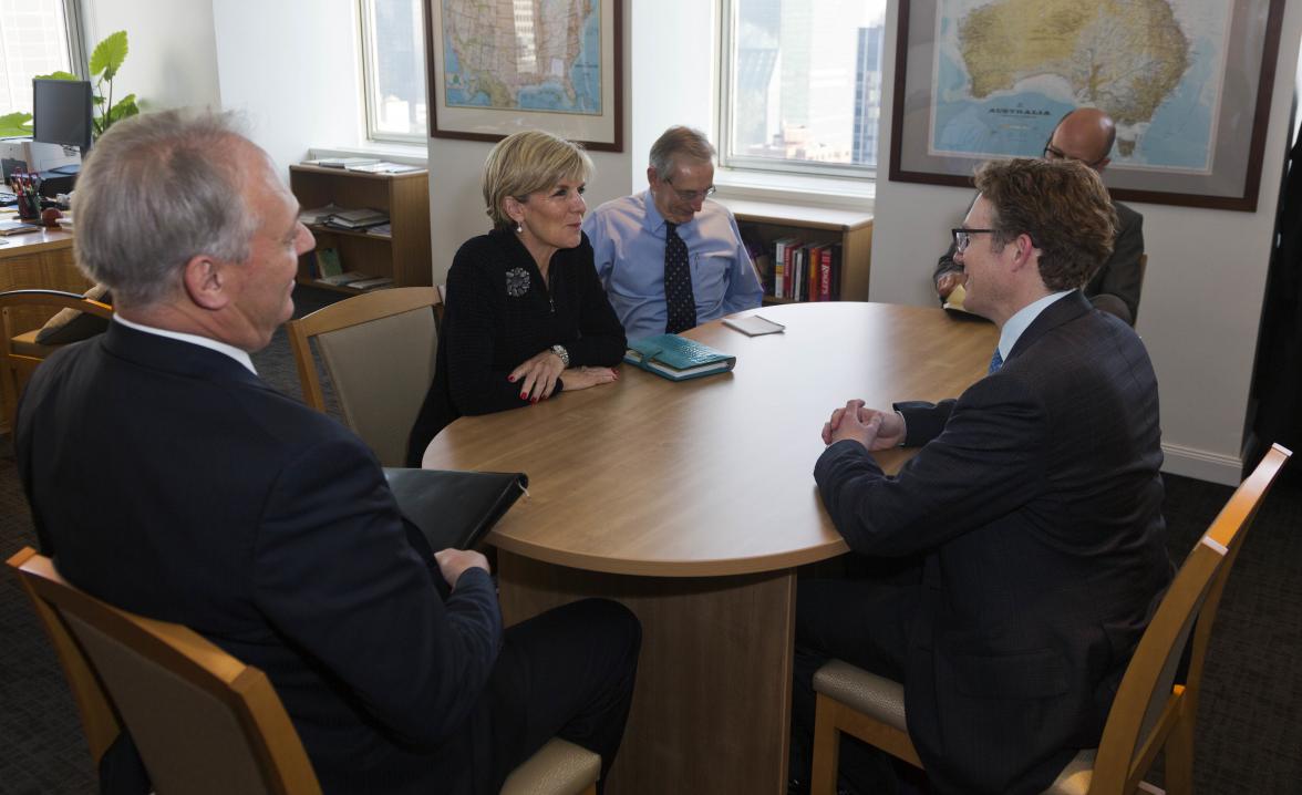 New York. January 22, 2015. Foreign Minister Julie Bishop meets with Head of Global Value Team, First Eagle Investment Management, Mr Matthew McLennan. photo by Trevor Collens.