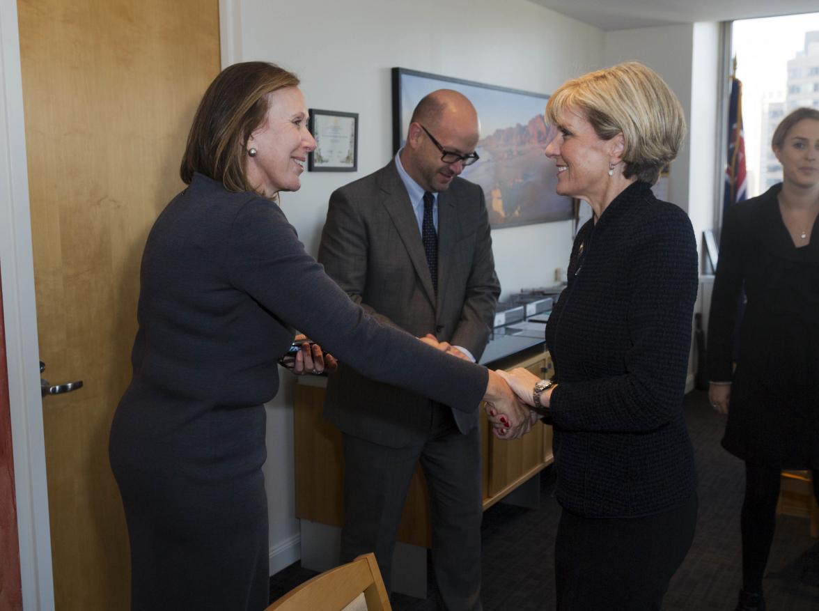 New York. January 22, 2015. Foreign Minister Julie Bishop meets Meet with Global Chairman, Technology, Media & Telecommunications Investment Banking, JP Morgan Chase & Co,  Ms Jennifer Nason.  photo by Trevor Collens.